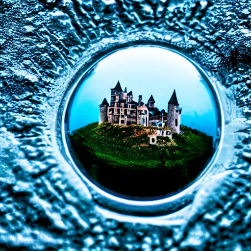 Prompt: macro photo of a castle inside a water sphere, depth of field, higly detailed photo