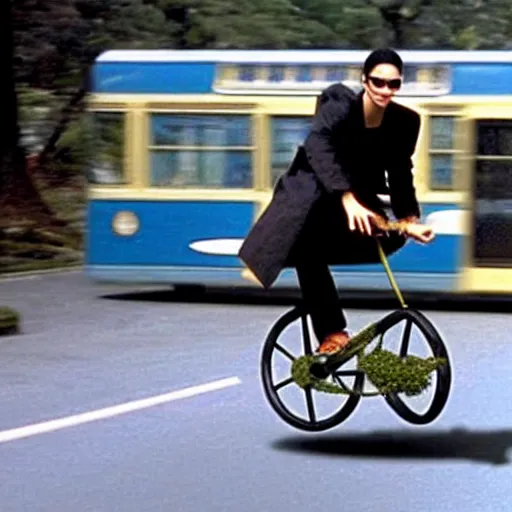 Prompt: neo from the matrix jumping the worlds smallest bicycle over a bus