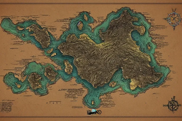 Image similar to imaginary map of an island, drawing of different elements in the lands, different realms, blueprint, infographic, on paper, natural colors, vintage, with notes, highly detailed, trending on artstation, fantasy art