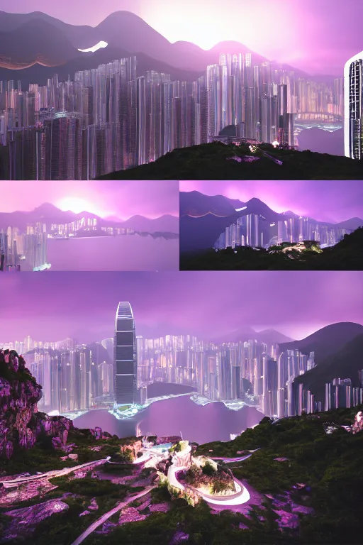 Prompt: of a cave with a miniature futuristic photo - realistic view of hong kong with mirror windows : 4, highly symmetrical, balanced, purple lightning clouds : 3, octane render, violet sun : 2, in the style of sahm : 3, hd, ultra - realistic, in unreal engine