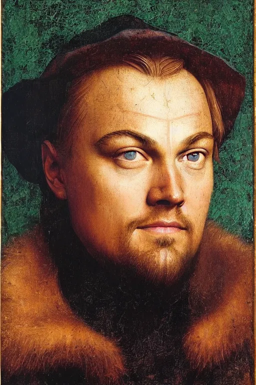 Image similar to portrait of leonardo dicaprio, oil painting by jan van eyck, northern renaissance art, oil on canvas, wet - on - wet technique, realistic, expressive emotions, intricate textures, illusionistic detail