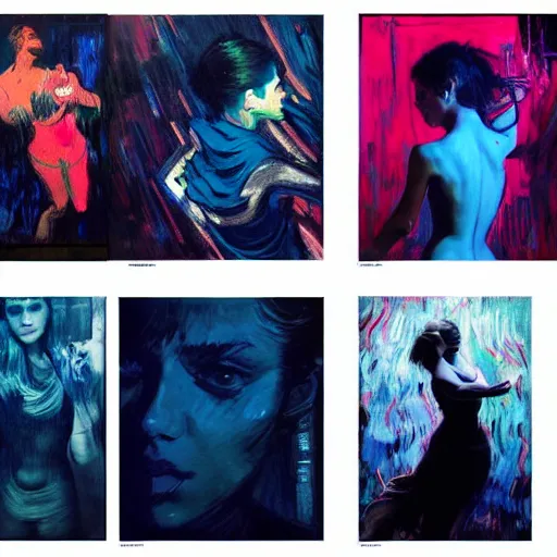 Image similar to portrait of beautiful girl sensual dancing, ecstatic, wonderful techno party, shades of blue, utopia, by by greg rutkowski, by jeremy mann, by francoise nielly, by vincent van gogh