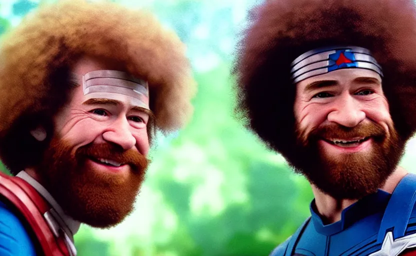 Image similar to cinestill 5 0 d candid photographic portrait by helen levitt of a smiling bob ross as captain america, modern, bright, emotional cinematic, on a green hill, 8 k, hd, high resolution, 3 5 mm, f / 3 2, ultra realistic faces, ex machina