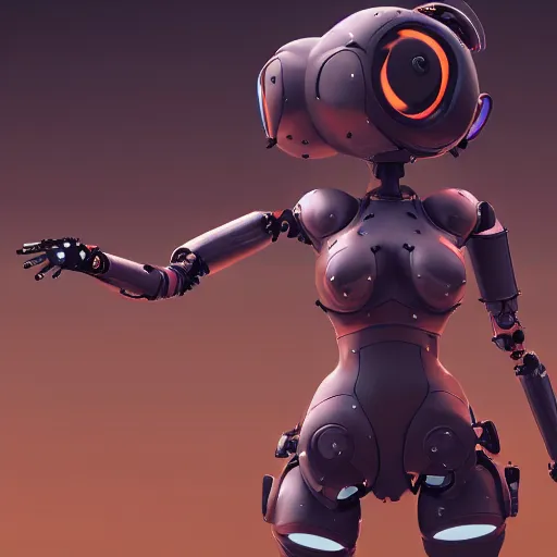 Image similar to nymph render of a very cute 3d robot machine from nier automata, red eyes, made of iron, full round face, short smile, golden hour, desert setting, medium shot, mid-shot, highly detailed, trending on Artstation, Unreal Engine 4k