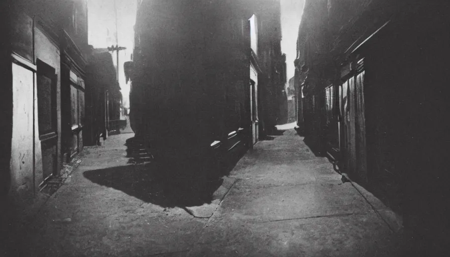 Image similar to photo of 19th century dark noir streets of Arkham by Diane Arbus and Louis Daguerre