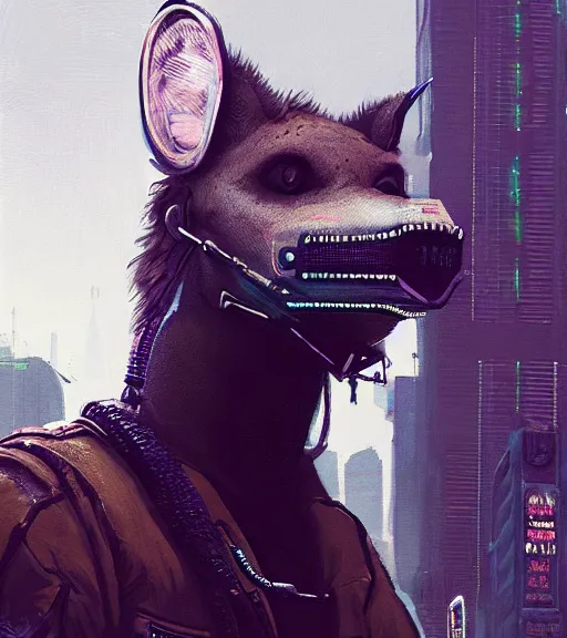 Image similar to new york city portrait of furry anthro anthropomorphic spotted hyena head animal person fursona wearing clothes strange cybernetic shiny metal muzzle gloomy rainy screenshot from the video game cyberpunk 2077 digital art by Greg Rutkowski, Simon Stalenhag, christopher nolan trending on Artstation, CGSociety