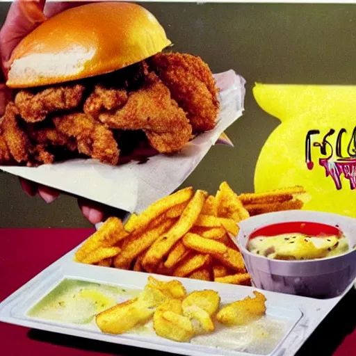 Image similar to 1980s Fast Food commercial photograph of a dish made with lemons, crispy chicken, fried pickles and jalepenos, Lemon sauce dripping over it