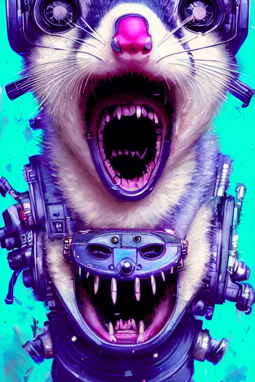 Image similar to a beautiful portrait of a cute cyberpunk opossum screaming by sandra chevrier and greg rutkowski and wlop, purple blue color scheme, high key lighting, volumetric light, digital art, highly detailed, fine detail, intricate, ornate, complex, octane render, unreal engine, photorealistic