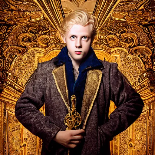 Image similar to a professional studio low - key lighting high contrast photography portrait of a young blonde blue eye man in an ornate vintage coat golden leafs, taking off horror mask, highly detailed mid shot dutch angle, volumetric lighting one source, gloaming eye whites portrait, poster, 4 k, award winning, canon, photo of the year, dalle 2 reference