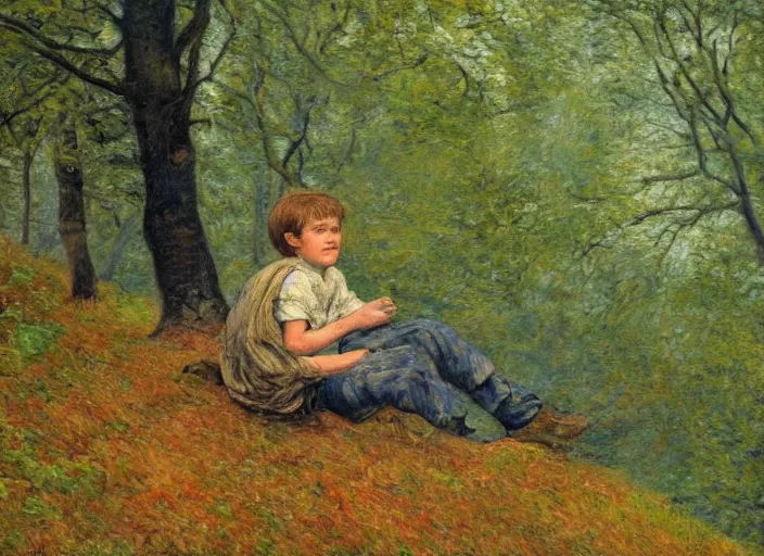 Image similar to impressionistic painting of a boy sitting on a hill in the woods, painted by johfra bosschart, featured on artstation, plein air, artstation hd, painterly