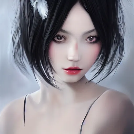 Image similar to a beautiful and elegant girl by wlop, black hair, dream, closeup headshot, 8 k, high detailed, style of ghost blade, ultra - realistic painting, trending on artstation, cg rendering.