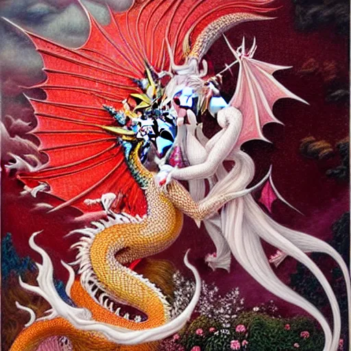 Image similar to miniature painting of a dragon fighting a woman with red+velvet+pink+orange+white colors by Mahmoud Farshchian, intricate, insane detailed, very detailed, Farshchian painting, Farshchian miniature, by Mahmoud Farshchian