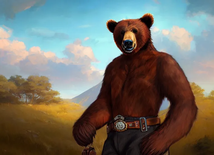 Image similar to character portrait feature of the anthro male anthropomorphic kamchatka brown bear fursona wearing cowboy outfit wild west desperado character design stylized by charlie bowater, ross tran, artgerm, and makoto shinkai, detailed, soft lighting, rendered in octane