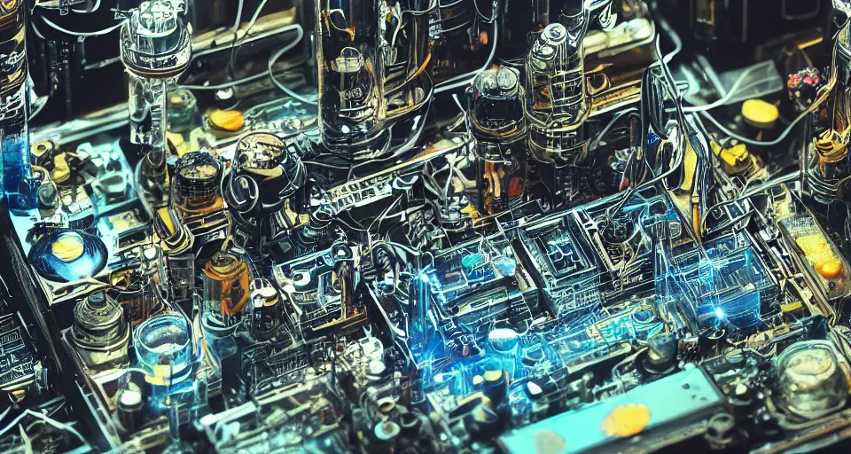 Prompt: distant product photography framing. digitally painted render of a small square fantasy vacuum - tube motherboard made and powered by crystalline circuitry. trending on artstation. artificer's lab bg. premium print by angus mckie and james gurney. bismuth materials