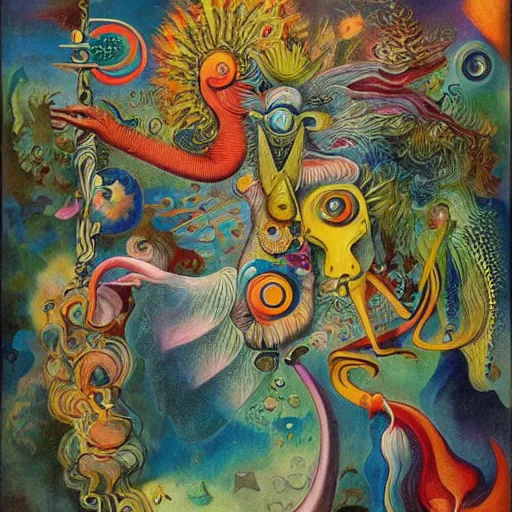 Image similar to strange mythical beasts of whimsy, surreal oil painting by ronny khalil and kandinsky, drawn by ernst haeckel, as an offering to zeus