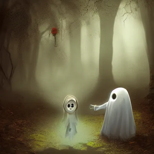 Image similar to a macabre ghost chatting with a kid in the middle of a dark forest, trending on artstation, realistic, obscure, dramatic scene