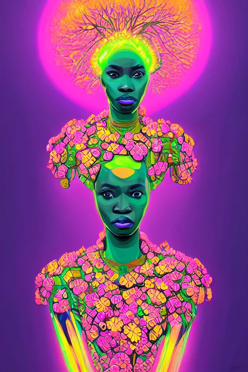 Prompt: illustration neo - futurist cinematic super expressive! yoruba goddess with exoskeleton armor, merging with tree in a forest, pink yellow flowers, highly detailed digital art masterpiece, smooth etienne sandorfi eric zener dramatic pearlescent soft teal light, ground angle uhd 8 k, sharp focus