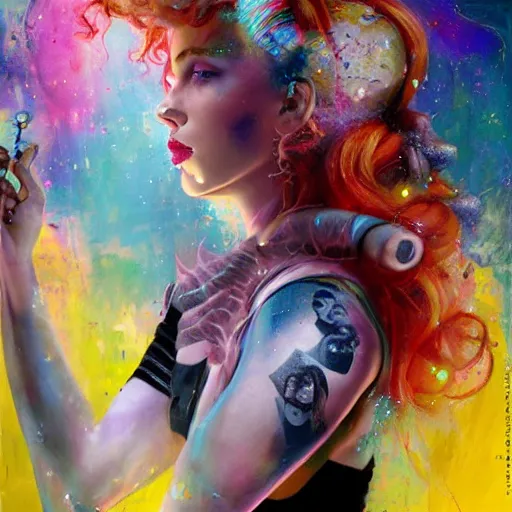 Image similar to scarlett johansson as delirium from sandman, ( hallucinating colorful soap bubbles ), by jeremy mann, by sandra chevrier, by dave mckean and richard avedon and maciej kuciara, punk rock, tank girl, high detailed, 8 k