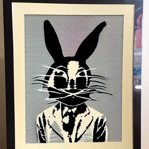 Image similar to individual furry bugs bunny silk screen portrait banksy style