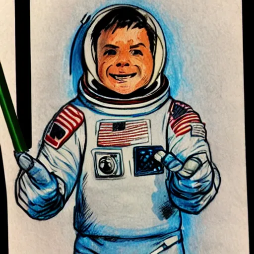 Prompt: Sergio Bleda and Jérémy Petiqueux and Alex Maleev color sketch of a boy super scientist in a retro home made astronaut suit