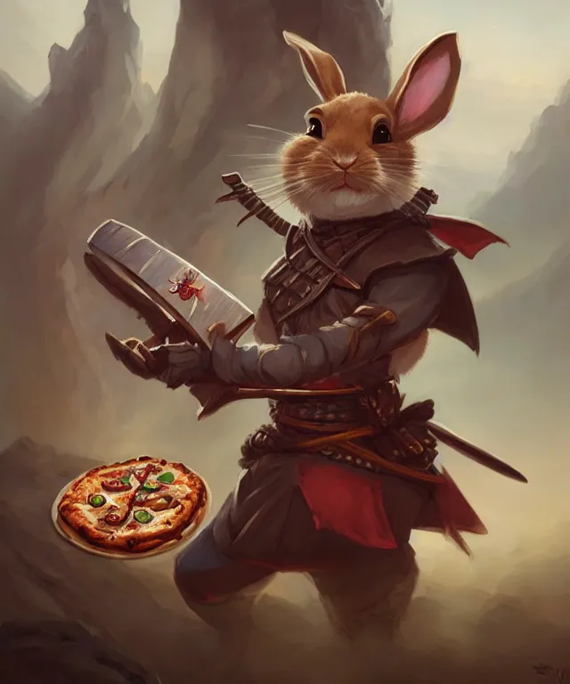 Prompt: a portrait an anthropomorphic rabbit samurai eating pizza, landscape in background, cute and adorable, dnd character art portrait, well rendered matte fantasy painting, deviantart artstation, by jason felix by steve argyle by tyler jacobson by peter mohrbacher, cinematic lighting