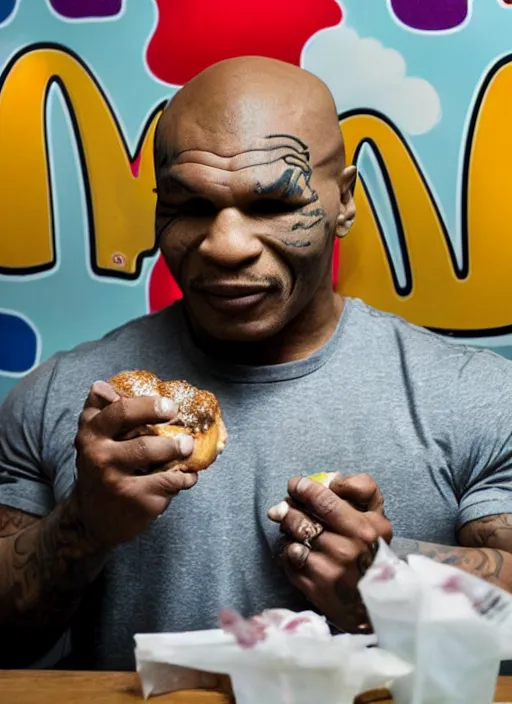 Image similar to Mike Tyson depressed eating a happy meal in the McDonalds play place, while it storms outside the building, mike tyson begins crying softly as he eats a chicken mcnugget and crushes his hamburger in his hands, ketchup spraying out of it, photograph, high quality, detailed, sharp