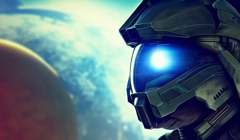 Image similar to cyberpunk halo helmet on space, planet behind, close shot, reflection, epic, dramatic, cinematic, award winning, ultra detailed, realistic, 8k,