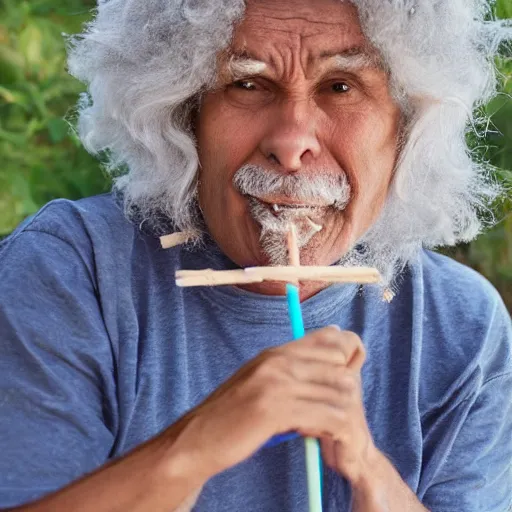 old man with gray puffy hair wearing a blue Hawaiian | Stable