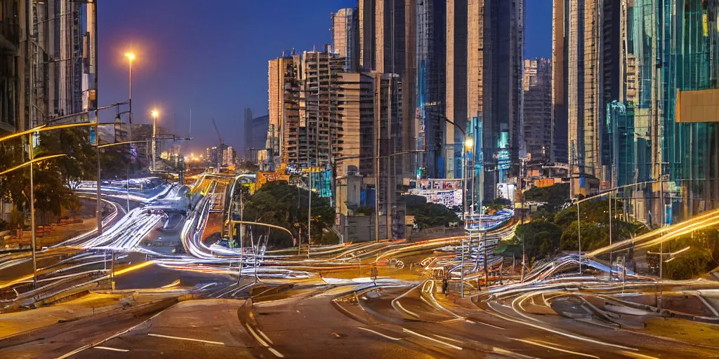 Image similar to Avenida Paulista at night, Sao Paulo city, with a full view of MASP, cyberpunk, very detailed, digital art