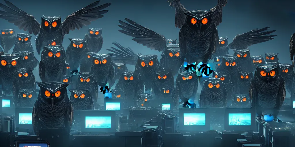 Image similar to an army of evil, malevolent, giant cyborg owls surrounded by computers and computer screens. this 4 k hd image is trending on artstation, featured on behance, well - rendered, extra crisp, features intricate detail and the style of unreal engine. volumetric lighting octane render