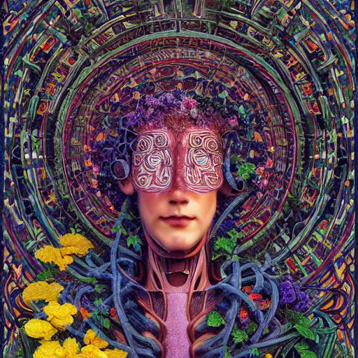 Image similar to A colorful, detailed print - A portrait of a robot composed entirely of flowers and vines. by Arnold Bocklin and Barclay Shaw, masterful print. 4k, unreal engine stunning Art Nouveau