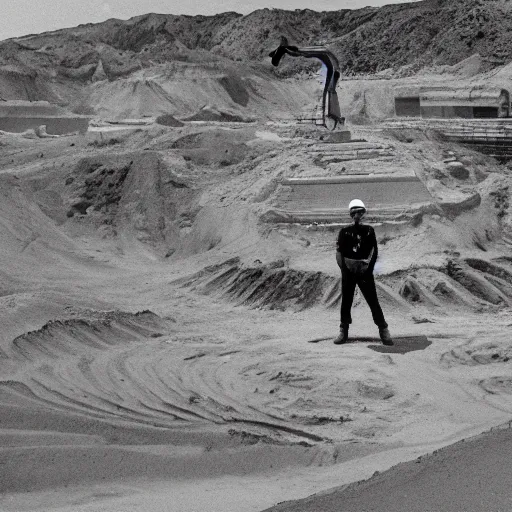 Image similar to in the distance, in the center of a large sandy quarry, a large golden ball lies in the sand, a broken excavator and a man in military uniform standing nearby, stylization is a grainy photo, high quality, depth of sharpness, emphasis and focus on the golden ball