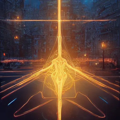 Image similar to detailed intricate digital illustration by greg rutkowski and artgerm and wlop and sanford robinson gifford ; glowing anatomically correct human veins loom over city intersection ; 1 3 mm film, arri alfa anamorphic lens ; long exposure, sharp focus ; golden hour, trending on artstation 8 k