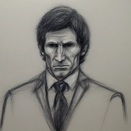 Prompt: todd howard courtroom sketch, charcoal on paper