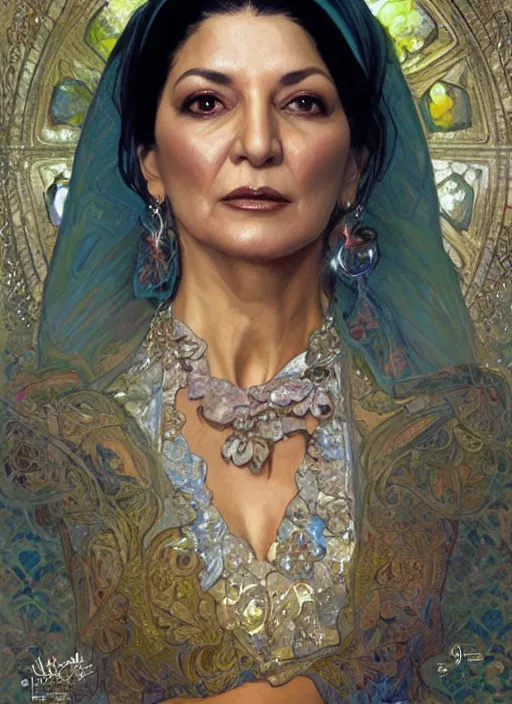 Image similar to Shohreh Aghdashloo as feisty Iranian woman, tasteful portrait, intricate, elegant, highly detailed, centered, digital painting, artstation, concept art, smooth, sharp focus, illustration, art by artgerm and donato giancola and alphonse mucha