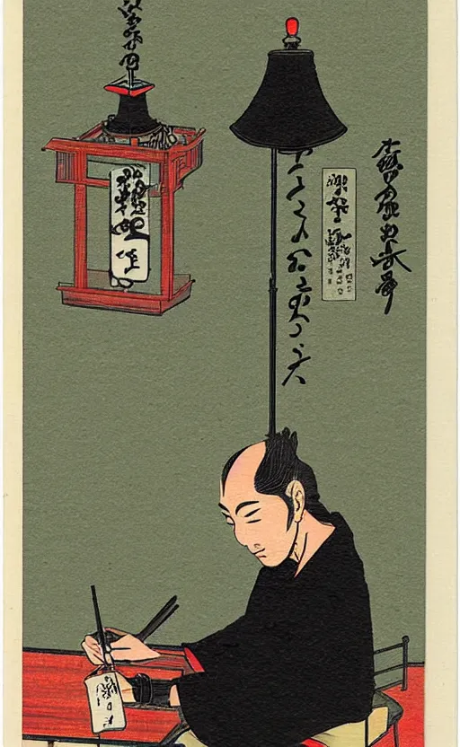 Prompt: by akio watanabe, manga art, a male calligrapher writing next to a lamp, inside japanese castle, trading card front, realistic anatomy