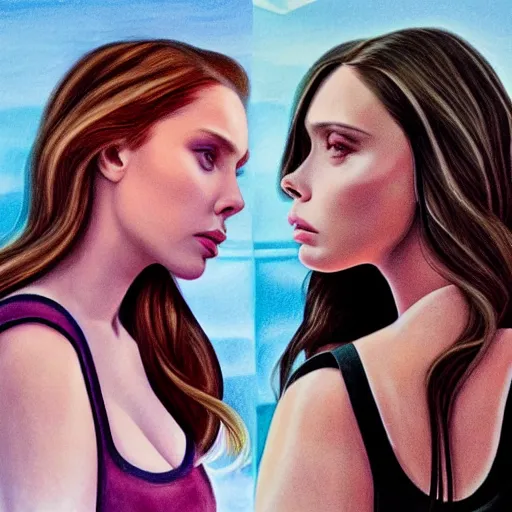 Image similar to lana del rey fighting Elizabeth olsen, photorealistic, high detail