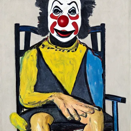 Image similar to painting of a clown sitting on a chair, staring at you, by georg baselitz