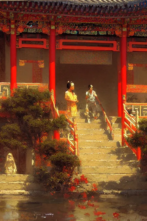 Image similar to Chinese temple, painting by Gaston Bussiere, Craig Mullins