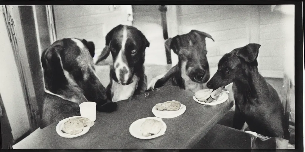 Prompt: A green dog eating hambugers while talking to his friend john, 1978 polaroid , 35mm