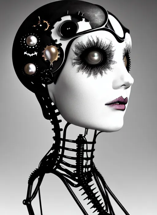 Image similar to 1 9 3 0 black and white gothic masterpiece profile face portrait, one steampunk eye biomechanical beautiful young female cyborg - robot, body meshes, big monocular, volumetric light, hibiscus flowers, by hg giger, rim light, big gothic fashion pearl embroidered collar, 8 k