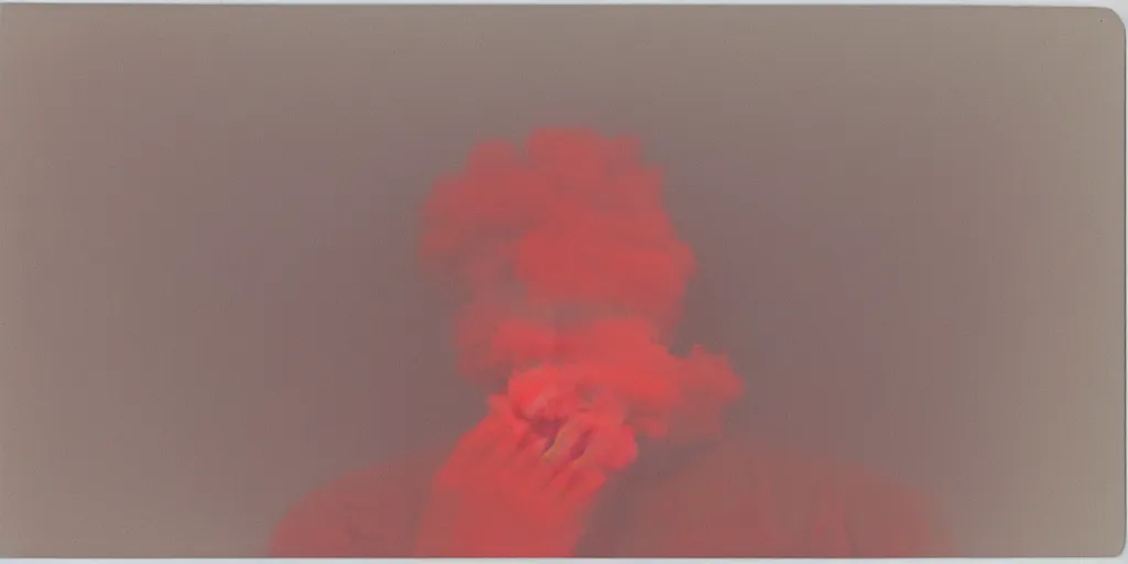 Prompt: analog vintage photography portrait polaroid of a smoke bomb, red color bleed, heavy film grain, bloom, glow