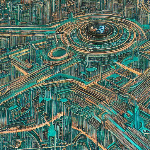 Image similar to hyper detailed aerial top down comic illustration of a man eaten by a machine in the centre of the composition, encircled by cybernetic gateways, by peter doig, very detailed, 4k, highly detailed, 8k wallpaper