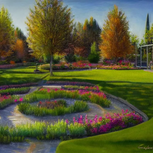 Image similar to mcgovern centennial gardens, oil on canvas, intricate, landscape, 8 k highly professionally detailed, hdr, cgsociety