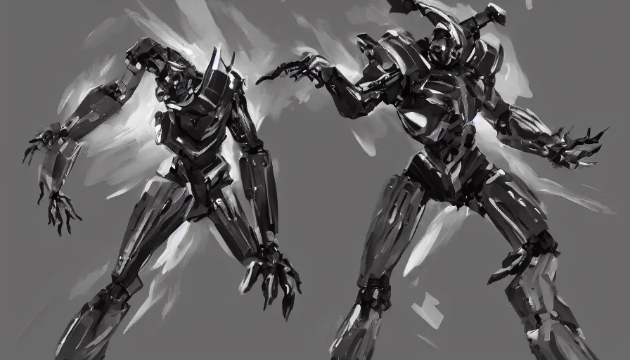 Image similar to concept art of killer robot in dynamic pose by jama jurabaev, trending on artstation, high quality, brush stroke, for aaa game