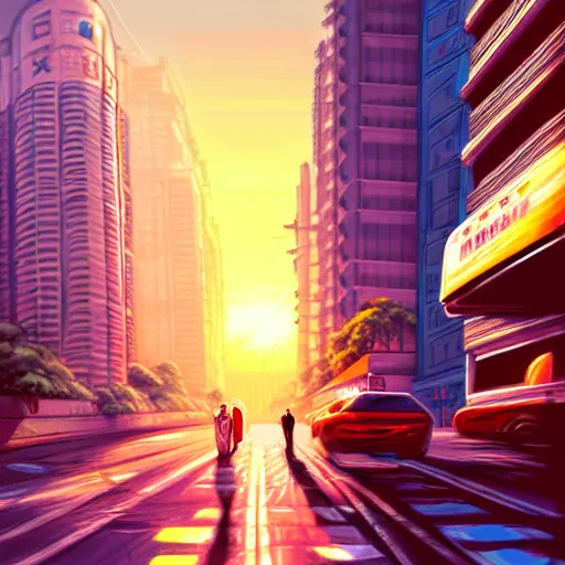 Image similar to mumbai in the future, city streets, golden hour, distopian fantasy, photorealistic artwork trending on pixiv