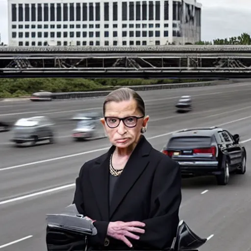 Image similar to ruth bader ginsburg standing in the middle of a highway, dashcam footage, accident