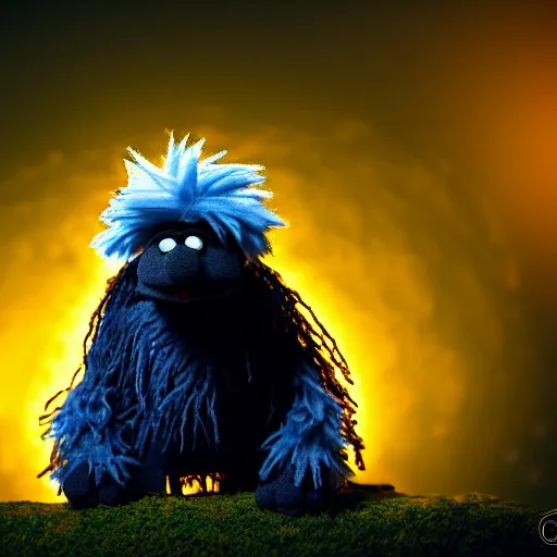 Prompt: focus portrait of dark angry fluffy muppet in night, dark forest background, bokeh, inspired by Tim Burton, octane render