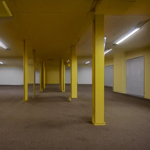 Image similar to Backrooms, old moist carpet, mono-yellow, fluorescent lights, randomly segmented rooms, eerie