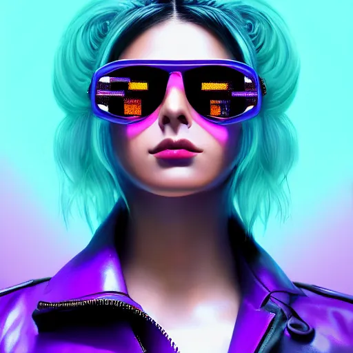 Prompt: closeup painting of a very beautiful young mexican cyberpunk woman with a smirk, wearing light blue shutter shades and a purple coloured leather jacket, one side haircut, long brown hair with light blue ends, portrait, hyperdetailed, artstation, cgsociety, 8 k, synthwave by tangerine dream, by jean - michel jarre, by vangelis, by john carpenter